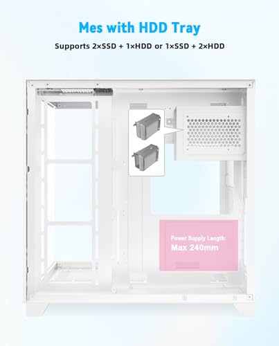 SZD ATX PC case, S590 no Fan Included White Gaming Computer Chassis with 270° Full View Seamless Tempered Glass, High-Airflow Dual-Chamber Computer Tower Case for Cable Management