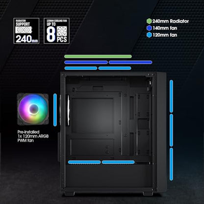 Vetroo M05 Micro ATX Computer PC Case with Door Open Tempered Glass Side Panel & Mesh Front Panel, Pre-Installed 120mm ARGB Fan in Rear, Support 240mm Radiator, Type-C Port - Black