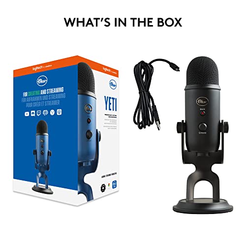 Logitech for Creators Blue Yeti USB Microphone for Gaming, Streaming, Podcasting, Twitch, YouTube, Discord, Recording for PC and Mac, 4 Polar Patterns, Studio Quality Sound, Plug & Play-Blackout - amzGamess