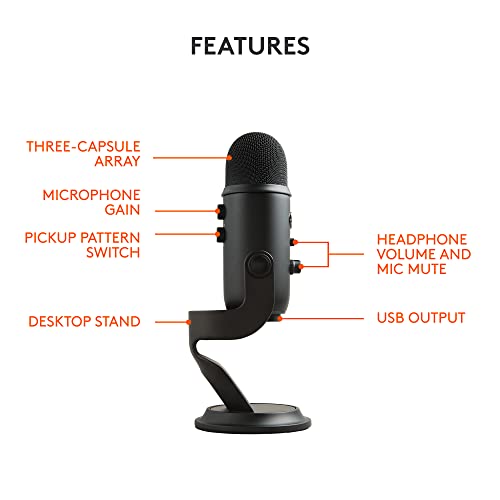 Logitech for Creators Blue Yeti USB Microphone for Gaming, Streaming, Podcasting, Twitch, YouTube, Discord, Recording for PC and Mac, 4 Polar Patterns, Studio Quality Sound, Plug & Play-Blackout - amzGamess