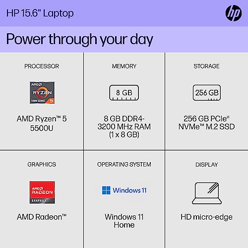 HP 15 inch Laptop, HD Display, AMD Ryzen 5 5500U, 8 GB RAM, 256 GB SSD, AMD Radeon Graphics, Windows 11 Home, 15-ef2099nr (2023),Silver