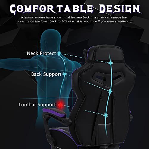 Zeanus Purple Reclining Gaming Chair with Footrest - Ergonomic for Heavy People, Massage, Racing Style