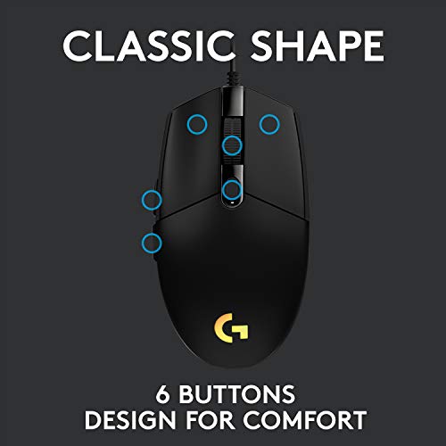 Logitech G203 Wired Gaming Mouse, 8,000 DPI, Rainbow Optical Effect LIGHTSYNC RGB, 6 Programmable Buttons, On-Board Memory, Screen Mapping, PC/Mac Computer and Laptop Compatible - Black - amzGamess