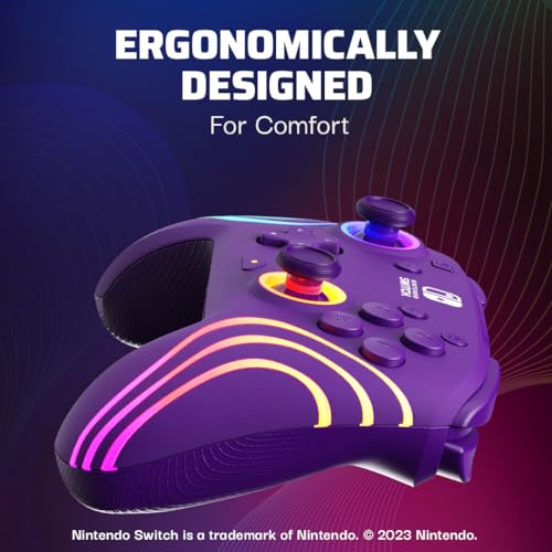 PDP Afterglow™ Wave Enhanced Wireless Nintendo Switch Pro Controller, 8 Colors RGB LED, Dual Programmable Gaming Buttons, 40 Hour Rechargeable Battery Power, 30 Foot Connection, Officially Licensed by Nintendo: Purple - amzGamess