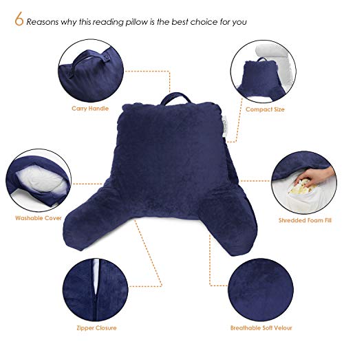 Nestl Reading Pillow Standard Bed Pillow, Back Pillow for Sitting in Bed Shredded Memory Foam Chair Pillow, Reading & Bed Rest Pillows Navy Blue Back Pillow for Bed, Bed Chair Arm Pillow with Pockets - amzGamess