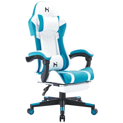 HLDIRECT Gaming Chair, Video Game Chair, Gamer Computer Chair, Ergonomic Gaming Chairs for Adults with Headrest and Lumbar Support, Swivel PU Leather Office Chair, Whtie & Blue