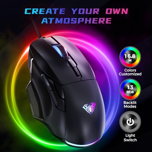 AULA Gaming Mouse, 12800 DPI RGB Wired Gaming Mouse with 13 Backlit Modes & 6 Macro Buttons, PC Gaming Mice Support DIY Keybinding, Mouse Gamer Computer Mouse for Laptop PC Mac Windows - amzGamess