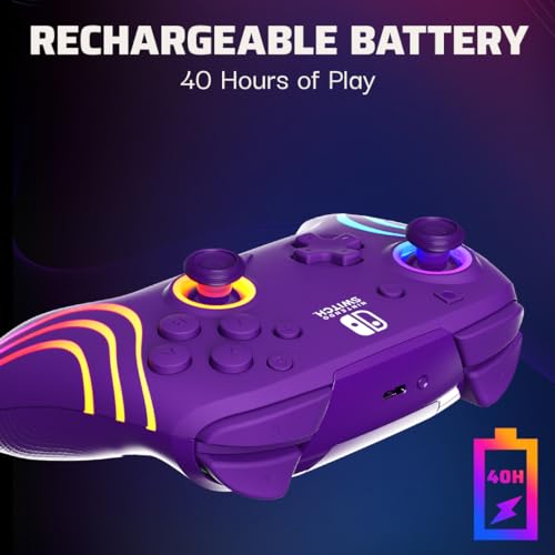 PDP Afterglow™ Wave Enhanced Wireless Nintendo Switch Pro Controller, 8 Colors RGB LED, Dual Programmable Gaming Buttons, 40 Hour Rechargeable Battery Power, 30 Foot Connection, Officially Licensed by Nintendo: Purple - amzGamess