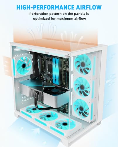 SZD ATX PC case, S590 no Fan Included White Gaming Computer Chassis with 270° Full View Seamless Tempered Glass, High-Airflow Dual-Chamber Computer Tower Case for Cable Management