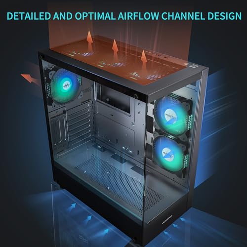 MUSETEX PC CASE ATX 6 PWM ARGB Fans Pre-Installed, Type-C Mid Tower Computer Case with Full-View Dual Tempered Glass, Gaming PC Case,Black(K2)