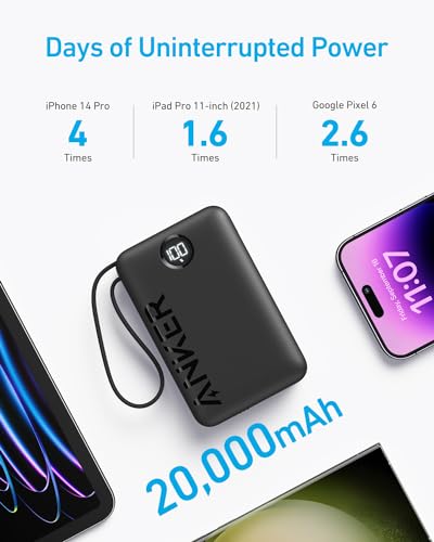 Anker Power Bank Battery Pack, 20,000mAh 22.5W High Speed Charging Portable Charger with Built-in USB C Cable, 1 USB-C, 1 USB-A, for iPhone 15/15 Plus/15 Pro/15 Pro Max, MacBook, Galaxy