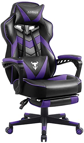 Zeanus Purple Reclining Gaming Chair with Footrest - Ergonomic for Heavy People, Massage, Racing Style