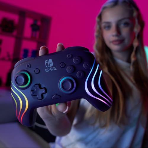 PDP Afterglow™ Wave Enhanced Wireless Nintendo Switch Pro Controller, 8 Colors RGB LED, Dual Programmable Gaming Buttons, 40 Hour Rechargeable Battery Power, 30 Foot Connection, Officially Licensed by Nintendo: Purple - amzGamess