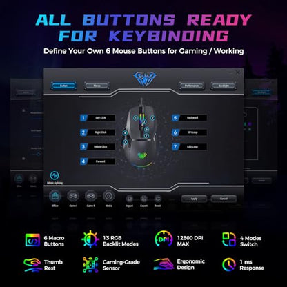 AULA Gaming Mouse, 12800 DPI RGB Wired Gaming Mouse with 13 Backlit Modes & 6 Macro Buttons, PC Gaming Mice Support DIY Keybinding, Mouse Gamer Computer Mouse for Laptop PC Mac Windows - amzGamess