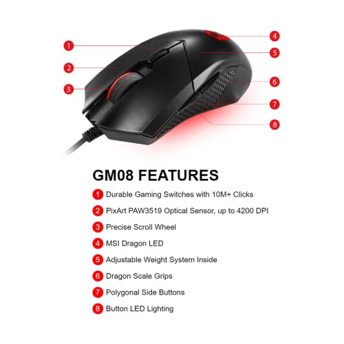 MSI Clutch GM08 Gaming Mouse, 4200 DPI, Optical Sensor, 3 Adjustable Weights, Red LED Lighting, Symmetrical Design, Black - amzGamess