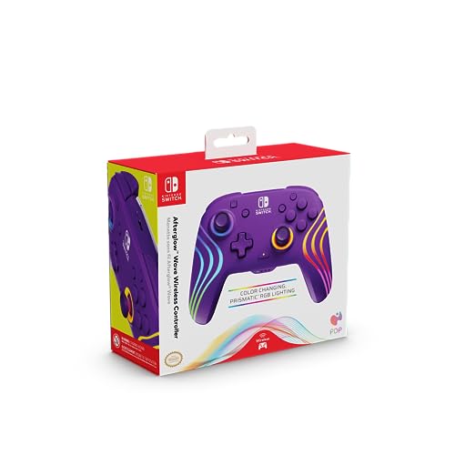 PDP Afterglow™ Wave Enhanced Wireless Nintendo Switch Pro Controller, 8 Colors RGB LED, Dual Programmable Gaming Buttons, 40 Hour Rechargeable Battery Power, 30 Foot Connection, Officially Licensed by Nintendo: Purple - amzGamess