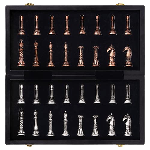 Retro Metal Chess Set for Adults and Kids – Marbling Chess Board with Chess Pieces – Travel Chess Set with Metal Pieces – Folding Chessboard – Ideal for Beginners and Professional Players