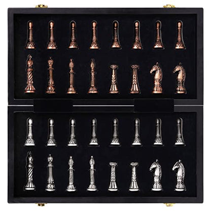 Retro Metal Chess Set for Adults and Kids – Marbling Chess Board with Chess Pieces – Travel Chess Set with Metal Pieces – Folding Chessboard – Ideal for Beginners and Professional Players