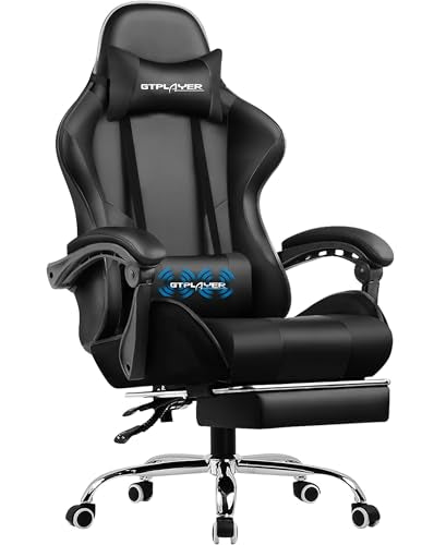 GTPLAYER Gaming Chair, Computer Chair with Footrest and Lumbar Support, Height Adjustable Game Chair with 360°-Swivel Seat and Headrest and for Office or Gaming (Faux Leather, Black)