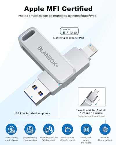 MFi Certified 128GB Photo Stick for iPhone Flash Drive,USB Memory Stick Thumb Drives High Speed USB Stick External Storage Compatible for iPhone/iPad/Android/PC