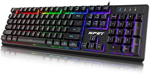 NPET K10 Wired Gaming Keyboard, LED Backlit, Spill-Resistant Design, Multimedia Keys, Quiet Silent USB Membrane Keyboard for Desktop, Computer, PC (Black) - amzGamess