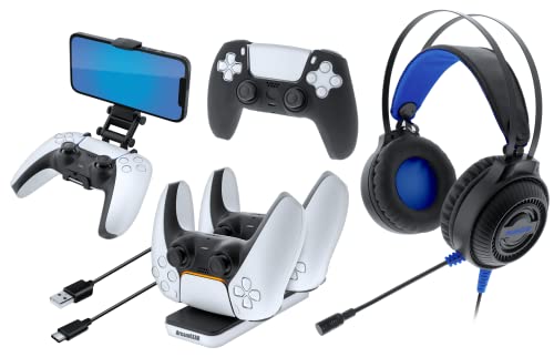 dreamGEAR Gamers Kit for Playstation 5: Gaming Headset with 50mm Drivers, PS5 Controller Charger, Adjustable Phone Mount, USB-C Cable, Protective Cover and Caps - amzGamess