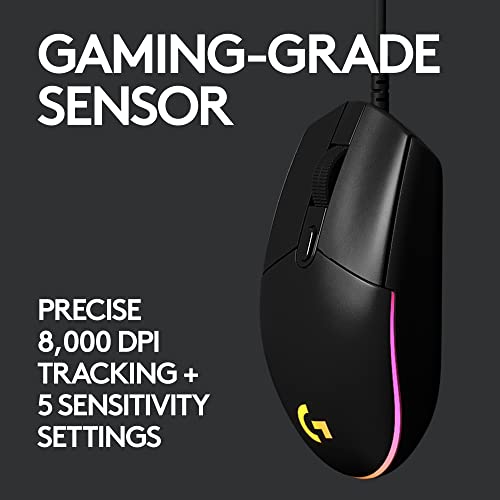 Logitech G203 Wired Gaming Mouse, 8,000 DPI, Rainbow Optical Effect LIGHTSYNC RGB, 6 Programmable Buttons, On-Board Memory, Screen Mapping, PC/Mac Computer and Laptop Compatible - Black - amzGamess