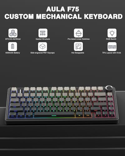 AULA F75 Pro Wireless Mechanical Keyboard,75% Gasket Hot Swappable Custom Keyboard,RGB Backlit,Pre-lubed Reaper Switches,Side Printed PBT Keycaps,2.4GHz/USB-C/Bluetooth Mechanical Gaming Keyboard