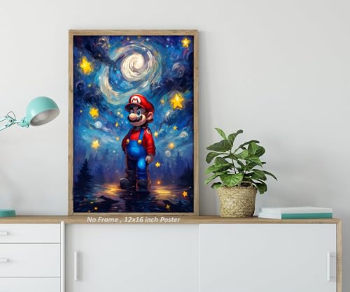 Akyzag Design, Mario Wall Art Poster – ( 12 x 16 inch ) Unframed - Van Gogh Starry Night Style Gaming Poster, Posters for Gamer Room, Boys Room Decor, Gamer Room Decor Wall Art, Mario Room Decor for - amzGamess