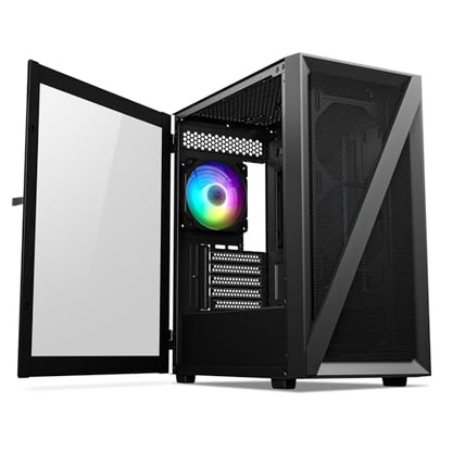 Vetroo M05 Micro ATX Computer PC Case with Door Open Tempered Glass Side Panel & Mesh Front Panel, Pre-Installed 120mm ARGB Fan in Rear, Support 240mm Radiator, Type-C Port - Black