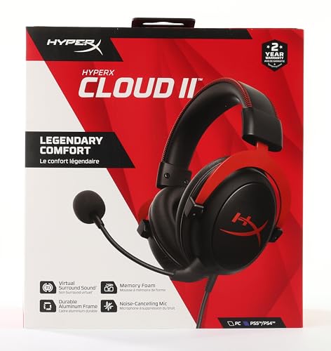 HyperX Cloud II - Gaming Headset, 7.1 Surround Sound, Memory Foam Ear Pads, Durable Aluminum Frame, Detachable Microphone, Works with PC, PS5, PS4, Xbox Series X|S, Xbox One – Red - amzGamess