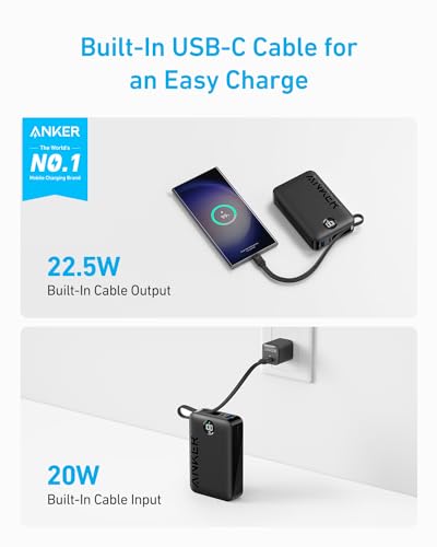 Anker Power Bank Battery Pack, 20,000mAh 22.5W High Speed Charging Portable Charger with Built-in USB C Cable, 1 USB-C, 1 USB-A, for iPhone 15/15 Plus/15 Pro/15 Pro Max, MacBook, Galaxy