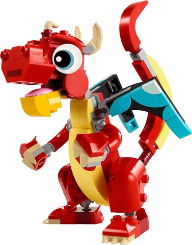LEGO Creator 3 in 1 Red Dragon Toy, Transforms from Dragon Toy to Fish Toy to Phoenix Toy, Gift Idea for Boys and Girls Ages 6 and Up, Animal Toy Set for Kids, 31145