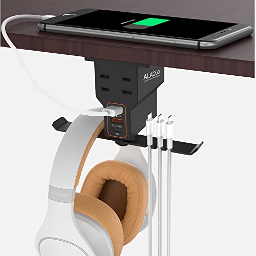 Headphone Stand with 1 Type C + 2 USB A Charging Port 2 Prong AC Outlets Power Headset Hanger Headphone Holder Hook Charging Station Under Desk for Gamer Gift Table PC Desk Earphone Gaming Accessories - amzGamess