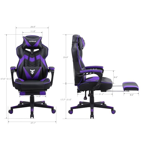 Zeanus Purple Reclining Gaming Chair with Footrest - Ergonomic for Heavy People, Massage, Racing Style