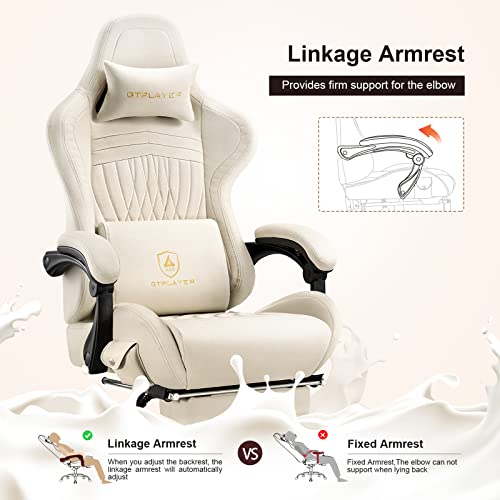 GTPLAYER Gaming Chair, Computer Chair with Footrest and Bluetooth Speakers, High Back Ergonomic Gaming Chair, Reclining Gaming Chair with Linkage Armrests for Adults by GTRacing (Leather, Ivory)