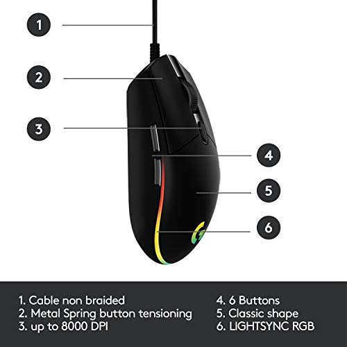 Logitech G203 Wired Gaming Mouse, 8,000 DPI, Rainbow Optical Effect LIGHTSYNC RGB, 6 Programmable Buttons, On-Board Memory, Screen Mapping, PC/Mac Computer and Laptop Compatible - Black - amzGamess