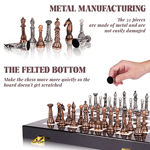 Retro Metal Chess Set for Adults and Kids – Marbling Chess Board with Chess Pieces – Travel Chess Set with Metal Pieces – Folding Chessboard – Ideal for Beginners and Professional Players