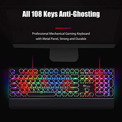 RK ROYAL KLUDGE S108 Typewriter Keyboard, Retro Mechanical Gaming Keyboard Wired 108 Keys with RGB Backlit Sidelight, Detachable Wrist Rest, Round Keycaps Blue Switches - Black - amzGamess