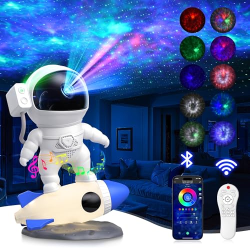 FlyLily Astronaut Galaxy Projector, Star Nebula Projector with Rocket Lamp, Night Lights LED Star Projector for Bedroom, Remote Control, White Noises, Bluetooth Speaker for Ceiling, Room Decor, Gifts