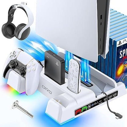 PS5 / PS5 Slim Stand and Cooling Station with RGB LED Controller Charging Station for Playstation 5 Console, PS5 Controller Charger, PS5 / PS5 Slim Accessories with 3 Level Cooling Fan - amzGamess