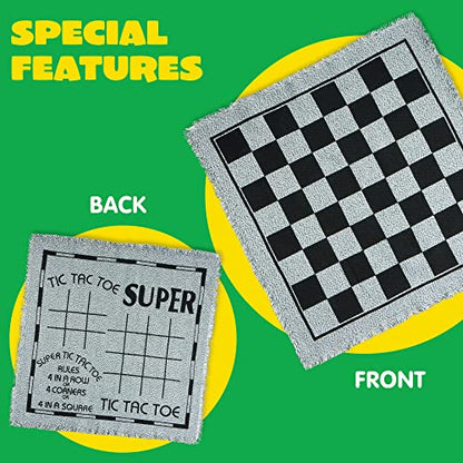 3-in-1 Vintage Giant Checkers and Tic Tac Toe Game with Reversible Mat, 24 Chips, Family Board Game, Lawn Game, BBQ Party Favor, Indoor and Outdoor Activity for Kids and Adults