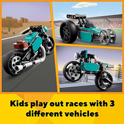 LEGO Creator 3 in 1 Vintage Motorcycle Set, Transforms from Classic Motorcycle Toy to Street Bike to Dragster Car, Vehicle Building Toys, Great Gift for Boys, Girls, and Kids 8 Years Old and Up, 31135