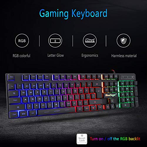 BlueFinger RGB Gaming Keyboard and Backlit Mouse Combo, USB Wired, LED Gaming Set for Laptop PC Computer Game and Work