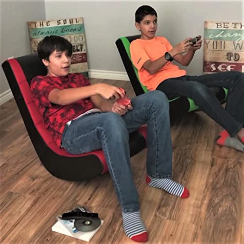 The Crew Furniture Classic Video Rocker Floor Gaming Chair, Kids and Teens, Racing Stripe PU Faux Leather & Polyester Mesh, Black/Black