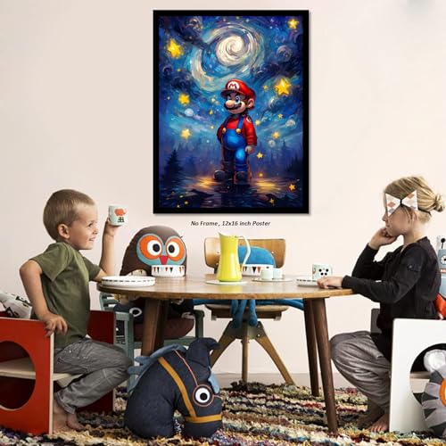 Akyzag Design, Mario Wall Art Poster – ( 12 x 16 inch ) Unframed - Van Gogh Starry Night Style Gaming Poster, Posters for Gamer Room, Boys Room Decor, Gamer Room Decor Wall Art, Mario Room Decor for - amzGamess
