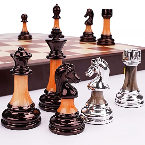 15" Metal Chess Sets for Adults Kids with Zinc Alloy + Acrylic Chess Pieces & Portable Folding Wooden Chess Board Travel Chess Set Board Game Gift – Elegant Metal Chessmen & Storage Box