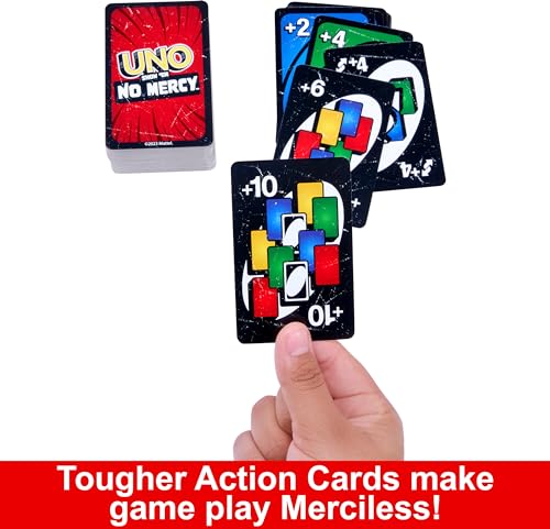 Mattel Games UNO Show ‘em No Mercy Card Game for Kids, Adults & Family Parties and Travel with Extra Cards, Special Rules and Tougher Penalties