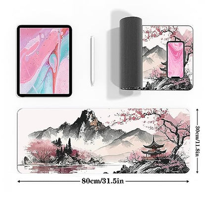 Watercolor Cherry Blossom Large Gaming Mouse Pad,Mouse Pad Gaming 31.5 x 11.8 in Mouse Mat Desk Pad,Large Desk Mat,Extended Keyboard Mousepad with Non-Slip Base and Stitched Edge for Desk Home Office - amzGamess