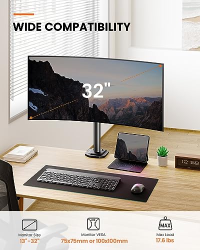 Ergear Monitor Mount for Most 13-32" Computer Screens up to 17.6lbs, Improved LCD LED Monitor Riser, Adjustable Height and Angle, Single Desk Mount Stand, Black, EGCM12